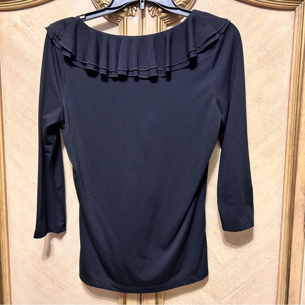 Chaps Black 3/4 Sleeve Ruffle Front Shirt - Picture 3 of 6